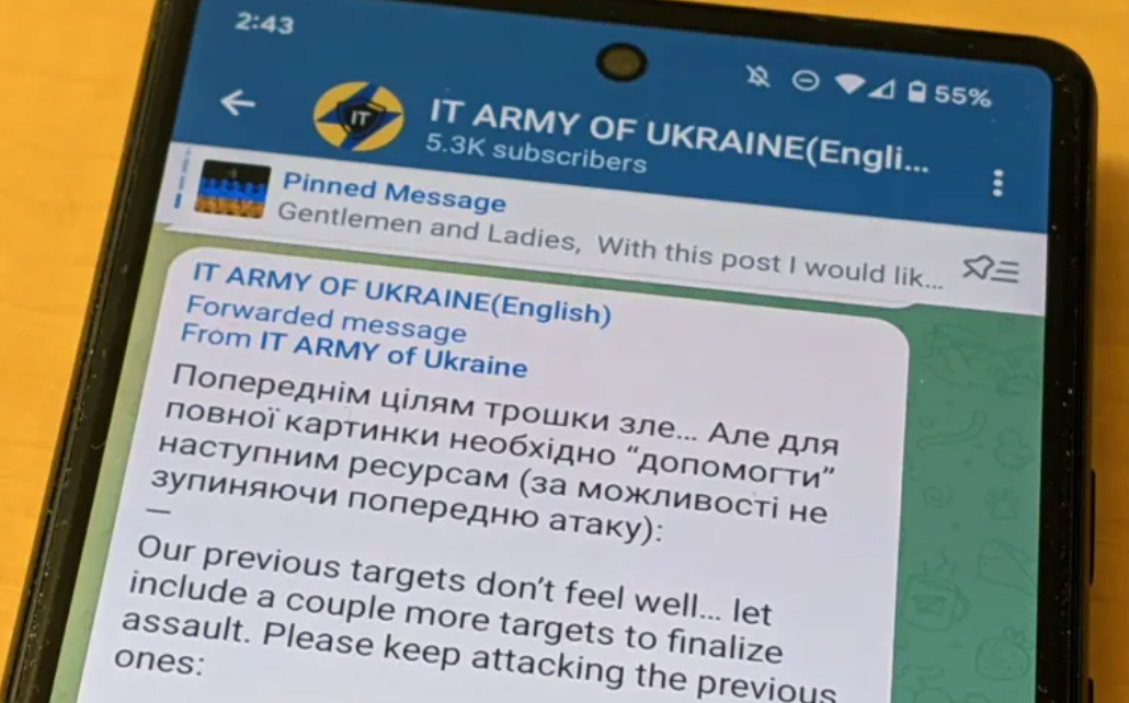 &ldquo;Đội qu&acirc;n IT của Ukraine&rdquo;&nbsp;k&ecirc;u gọi người d&ugrave;ng tiến h&agrave;nh c&aacute;c cuộc tấn c&ocirc;ng mạng v&agrave;o c&aacute;c tổ chức của Nga&nbsp;th&ocirc;ng qua ứng dụng Telegram - Ảnh: Nikkei Asia
