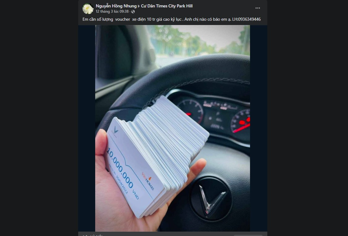 Post rao thu mua voucher xe m&aacute;y điện tr&agrave;n ngập c&aacute;c group cư d&acirc;n Vinhomes.