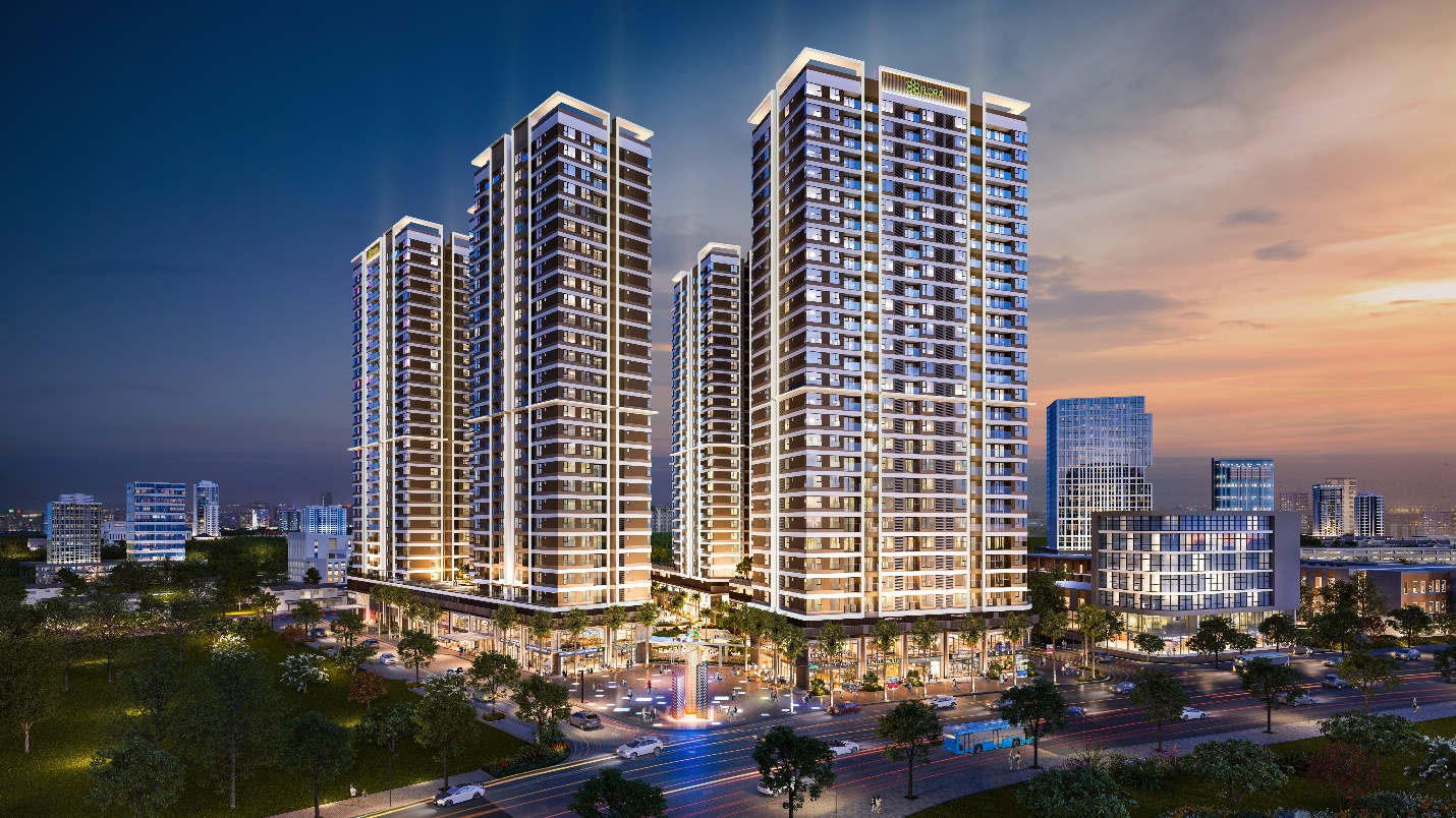 Phối cảnh dự kiến Akari City giai đoạn 2 với kiến tr&uacute;c theo phong c&aacute;ch Nhật đương đại.