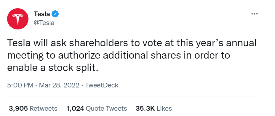 Th&ocirc;ng b&aacute;o về &yacute; định chia t&aacute;ch cổ phiếu của Tesla tr&ecirc;n Twitter ng&agrave;y 28/3 - Ảnh: Twitter