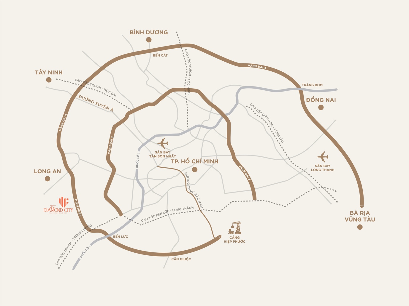The Diamond City - Mặt tiền v&agrave;nh đai 4, động lực tăng trưởng v&ugrave;ng, kết nối xuy&ecirc;n t&acirc;m 5 đ&ocirc; thị vệ tinh của Tp.HCM.