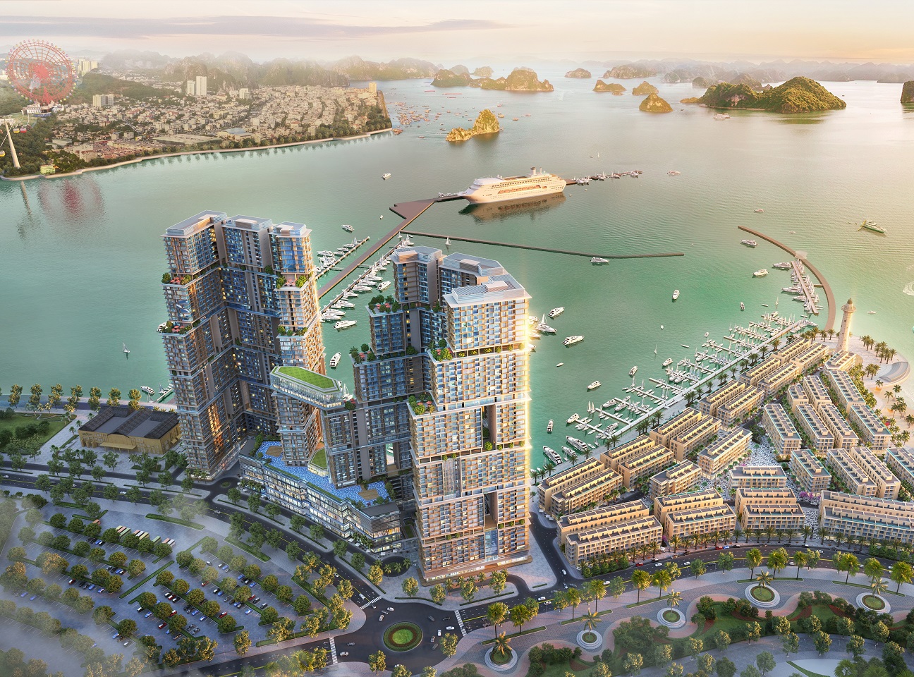 Sun Marina Town - th&aacute;p đ&ocirc;i c&aacute;ch điệu từ h&igrave;nh ảnh &ldquo;Lưỡng long triều nhật&rdquo; b&ecirc;n vịnh Hạ Long. Ảnh phối cảnh minh họa