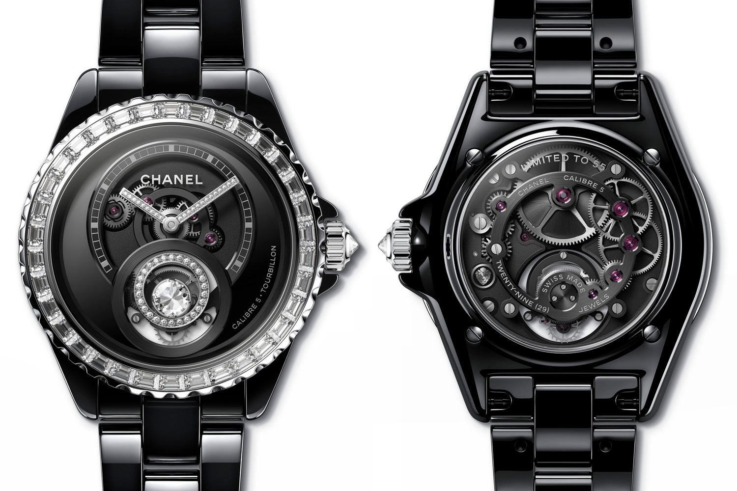 Mẫu đồng hồ J12 Diamond Tourbillon Caliber 5 mang lối thiết kế tuyệt đẹp từ mặt trước tới mặt lưng.
