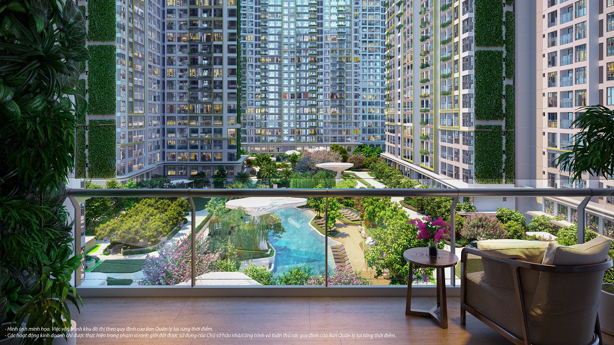 Thiết kế ban c&ocirc;ng ấn tượng, tầm nh&igrave;n nội khu v&agrave; s&acirc;n vườn phủ xanh tứ ph&iacute;a tại căn garden house của Lumi&egrave;re Boulevard.