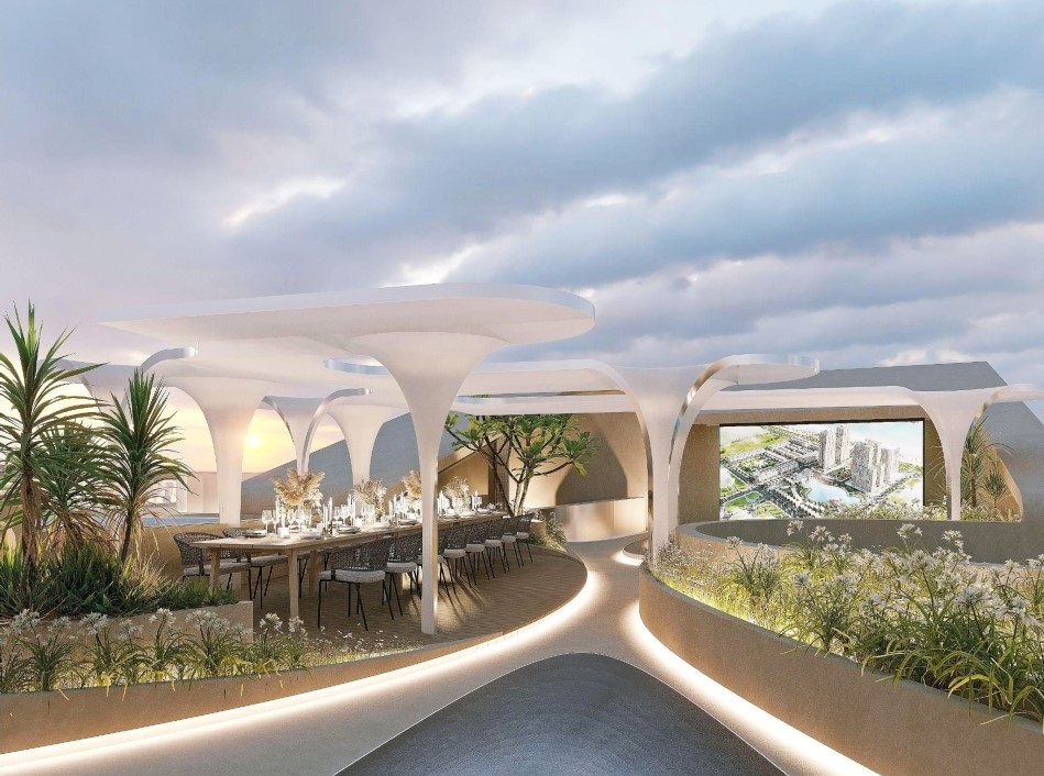 Kh&ocirc;ng gian tiệc ngo&agrave;i trời c&ugrave;ng hệ thống sky bar rộng lớn view hồ, view biển l&agrave; nơi tiếp c&aacute;c vị kh&aacute;ch t&ocirc;n qu&yacute;, hệ thống &aacute;nh s&aacute;ng v&agrave; &acirc;m thanh từ Đức cho s&acirc;n khấu ca nhạc, bếp đến từ thương hiệu Melie.