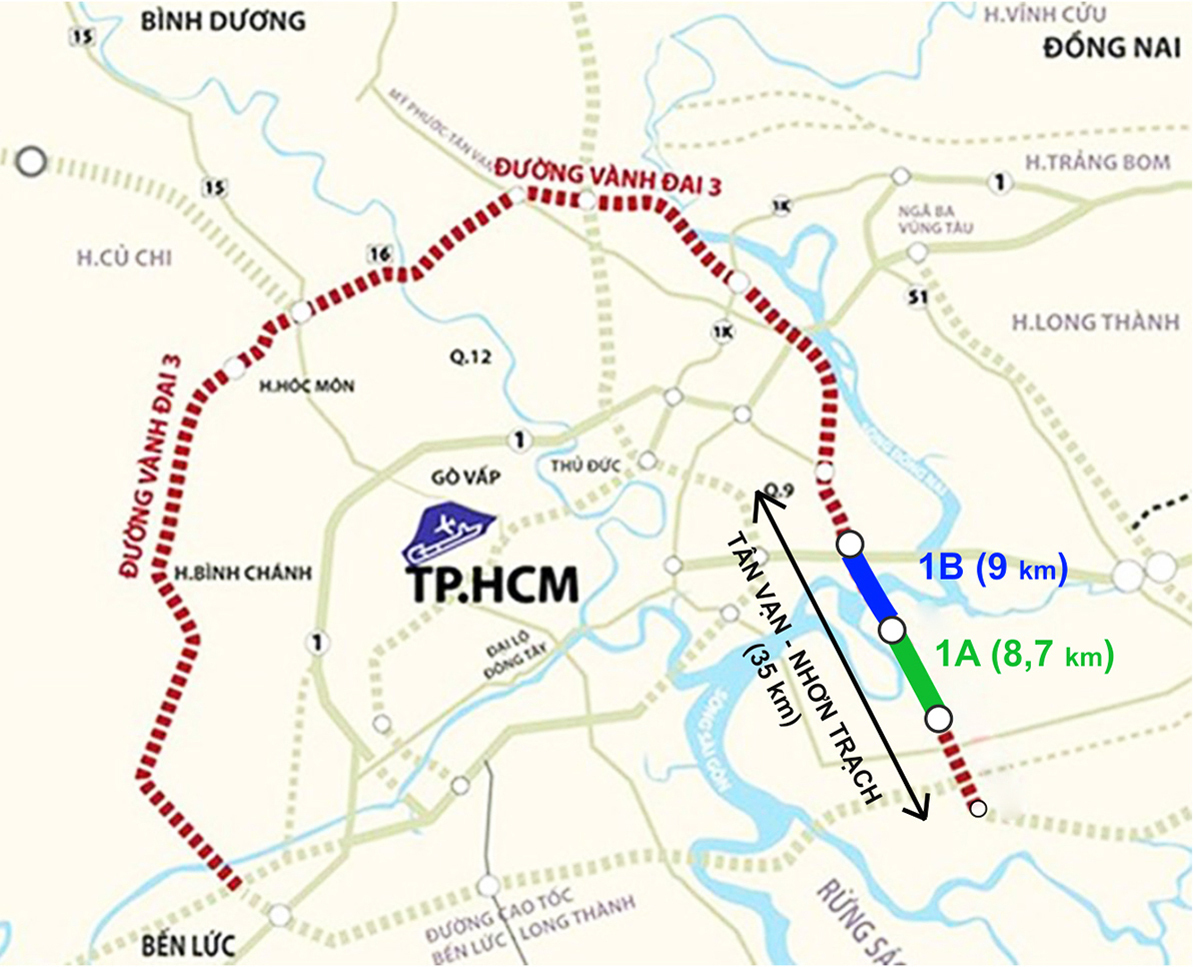 Dự &aacute;n&nbsp; đường V&agrave;nh đai 3 TP.HCM đoạn T&acirc;n Vạn - Nhơn Trạch c&oacute; chiều d&agrave;i gần 35 km; trong đ&oacute; dự &aacute;n th&agrave;nh phần 1A d&agrave;i 8,75 km.