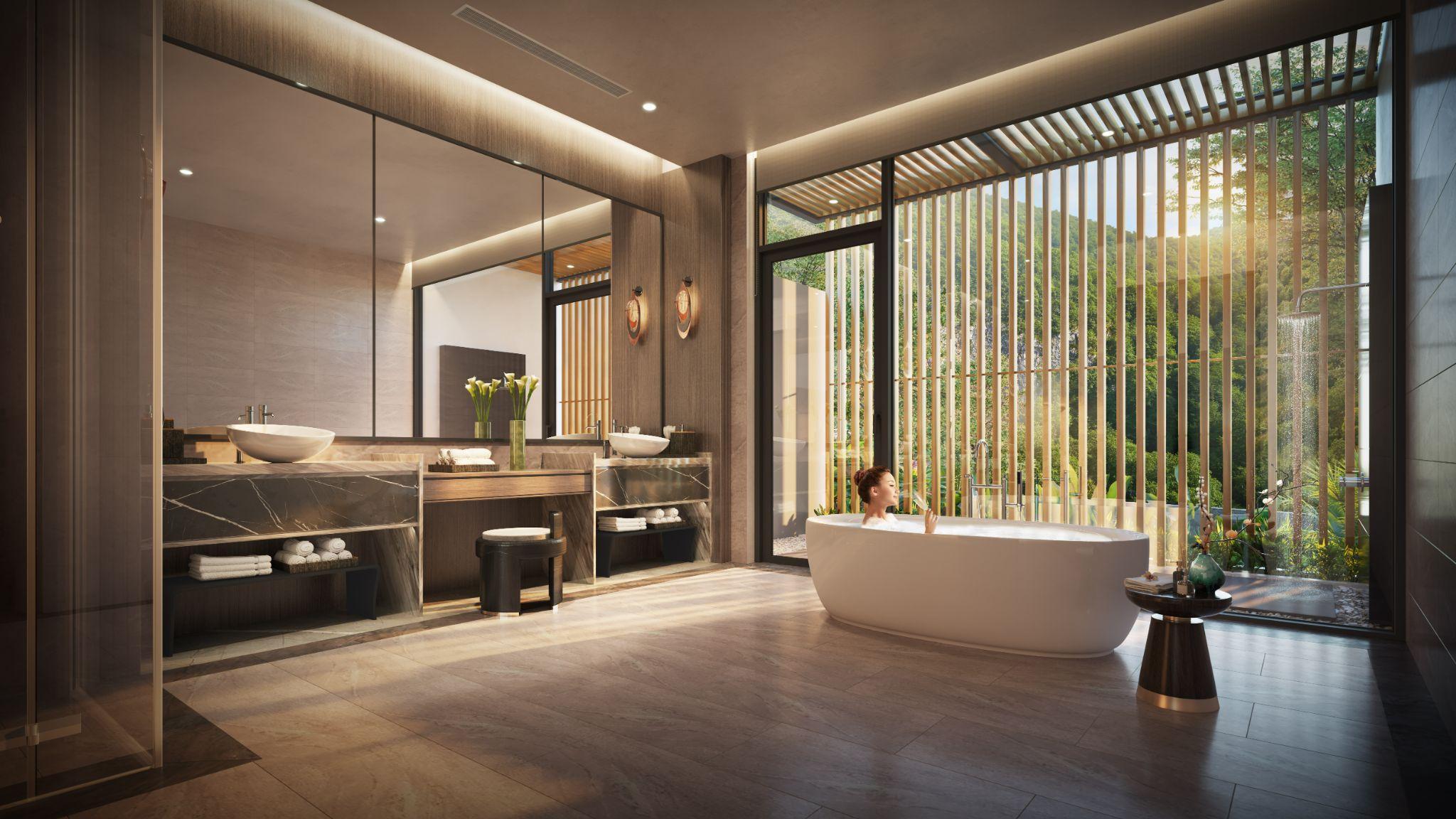 Ph&ograve;ng tắm được Pg88vn Trang Chủ Chính Thức to&agrave;n bộ thiết bị cao cấp đến từ thương hiệu Porcelanosa, Noken... nhằm kiến tạo kh&ocirc;ng gian spa tại gia chuẩn mực. (Ảnh dinh thự mẫu Signature).