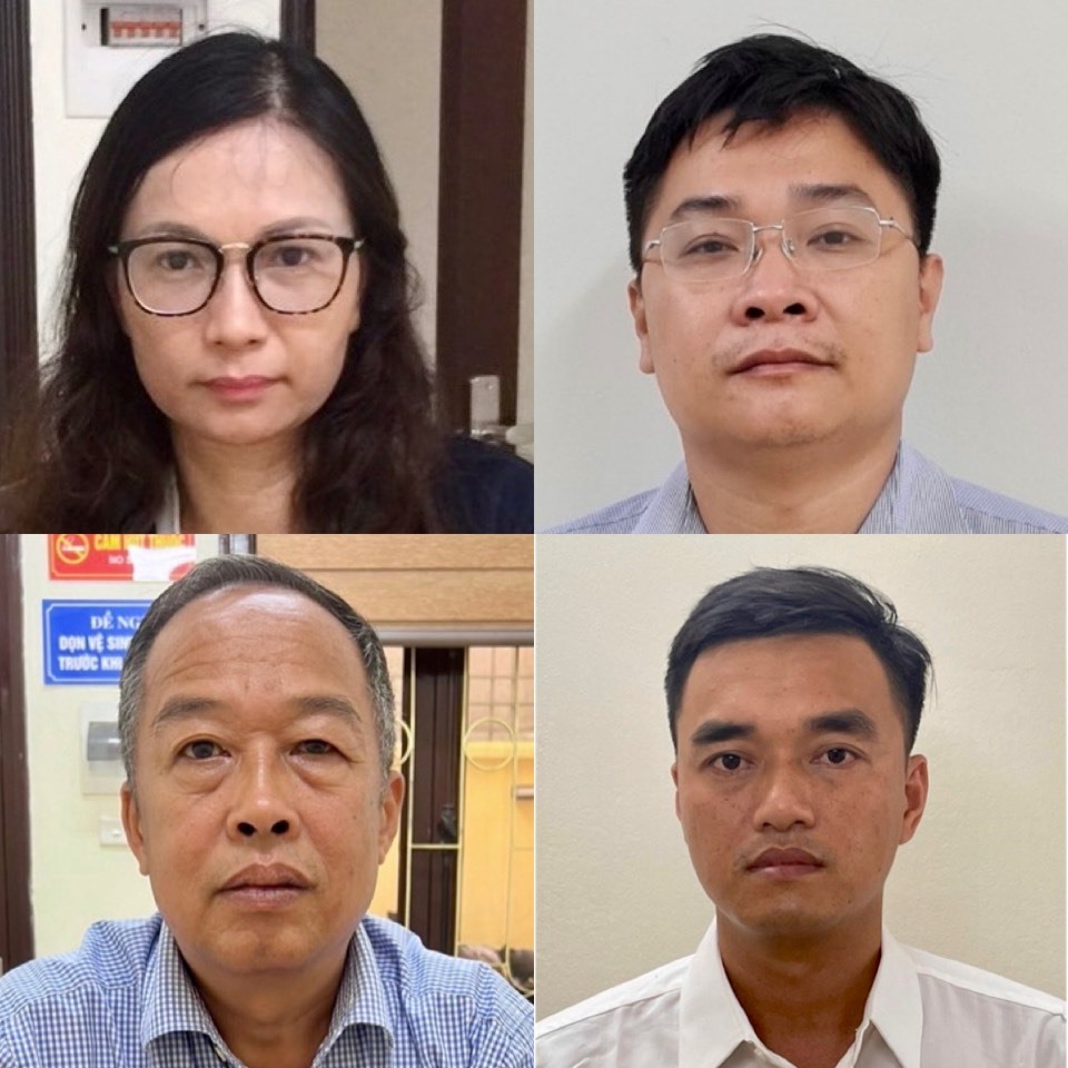 Từ tr&ecirc;n xuống dưới, từ tr&aacute;i sang, c&aacute;c bị can: Nguyễn Mai Anh,&nbsp;Ng&ocirc; Quang Tuấn,Trần Văn Dự,&nbsp;Vũ Sỹ Cường.