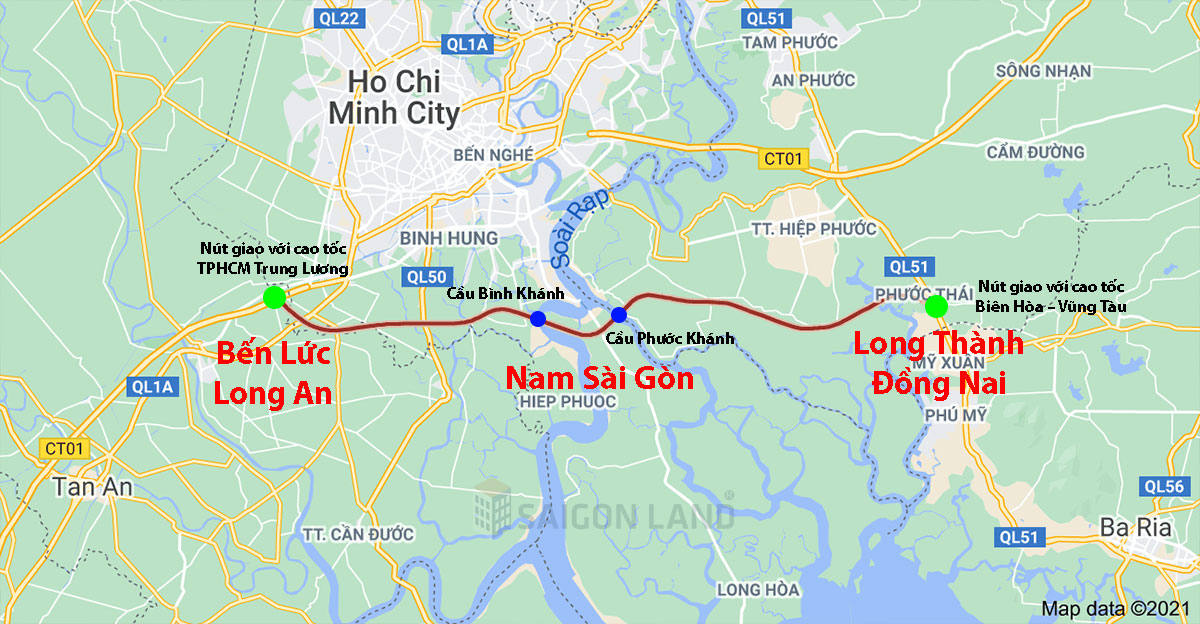 Sơ đồ v&agrave; hướng tuyến của cao tốc Bến Lức - Long Th&agrave;nh tr&ecirc;n bản đồ.