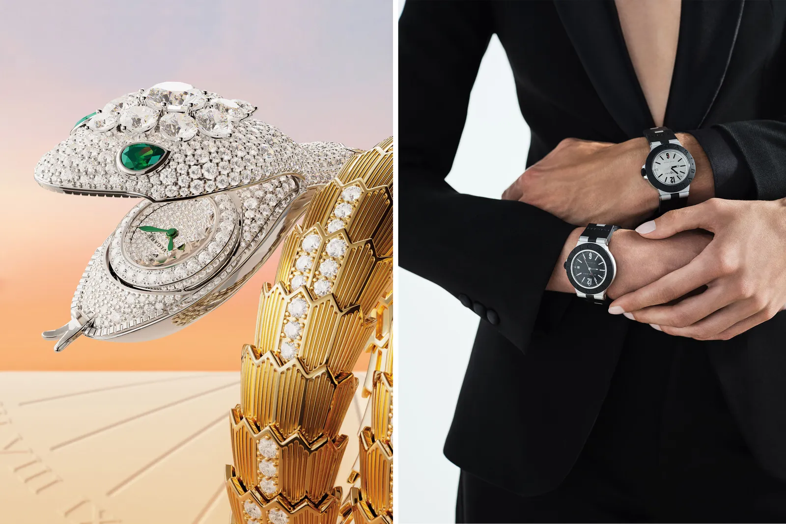 Serpenti Misteriosi Secret Watch v&agrave; đồng hồ Bulgari Aluminium được cập nhật của Bulgari với d&acirc;y đeo cao su, c&oacute; gi&aacute; từ 2.430 bảng.