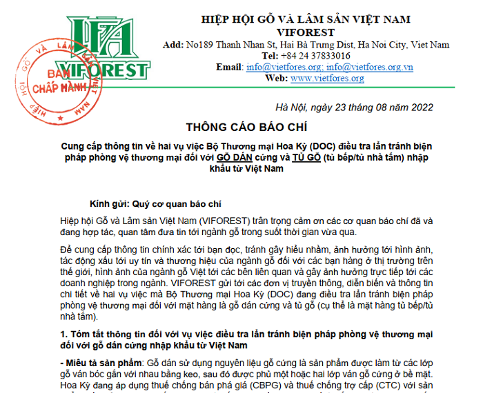Th&ocirc;ng c&aacute;o b&aacute;o ch&iacute; của&nbsp;VIFOREST.
