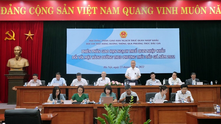 Phi&ecirc;n ph&acirc;n giao hạn ngạch thuế quan nhập khẩu đối với mặt h&agrave;ng đường theo phương thức đấu gi&aacute; năm 2022. Ảnh: Cục Xuất nhập khẩu.