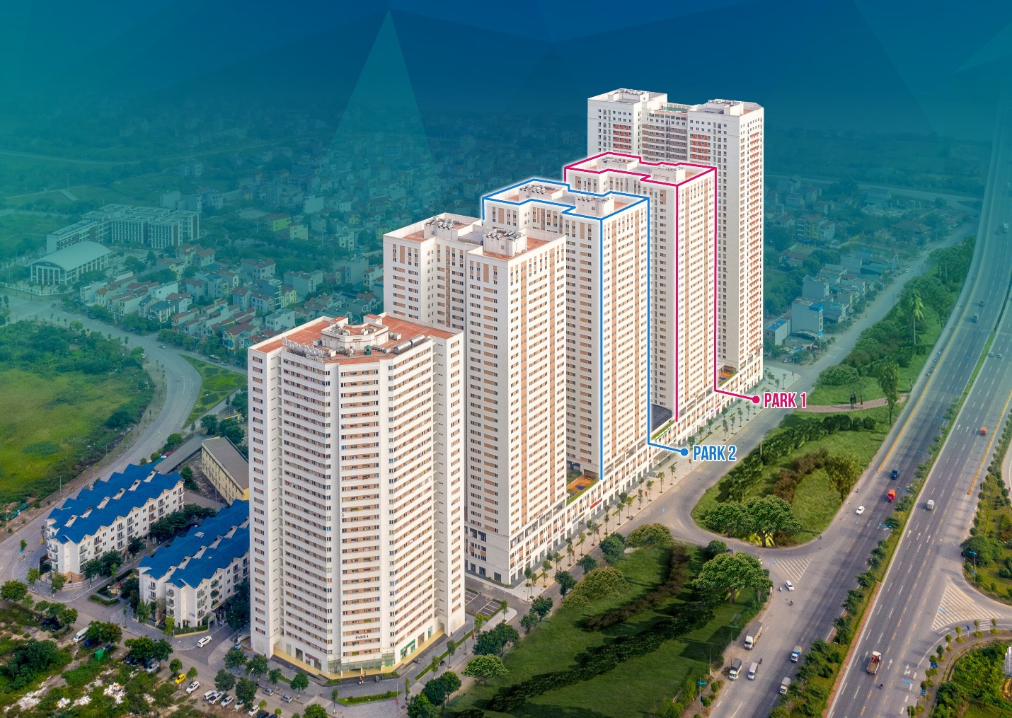 Các căn hộ tòa Park 1&2 được ôm trọn bởi nhiều tầng không gian xanh.