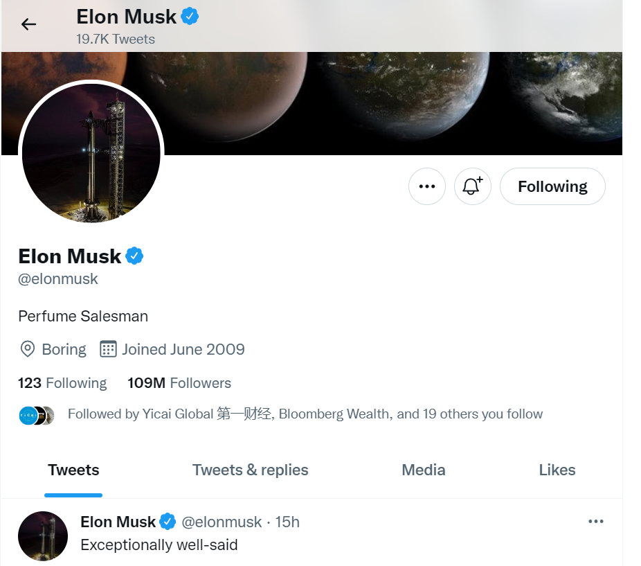 T&agrave;i khoản Twitter c&aacute; nh&acirc;n của &ocirc;ng Musk hiện c&oacute; hơn 109 triệu người theo d&otilde;i.