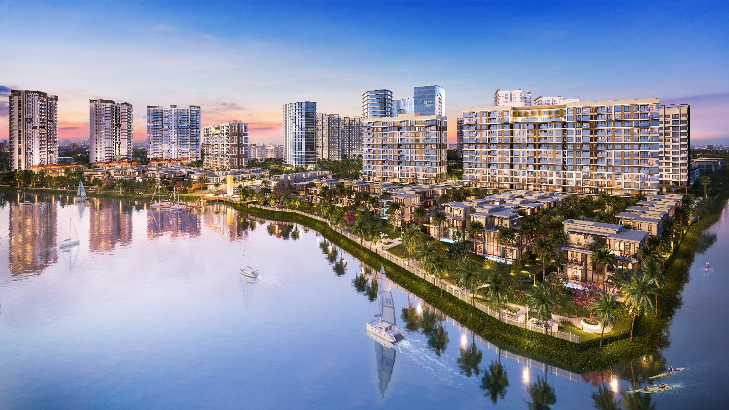 Phối cảnh khu căn hộ Flora Panorama liền kề khu compound biệt thự hạng sang ven s&ocirc;ng, quảng trường - bến thuyền.