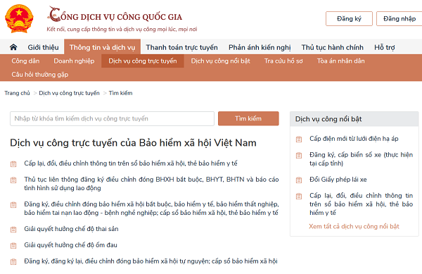 C&aacute;c dịch vụ c&ocirc;ng trực tuyến của Bảo hiểm x&atilde; hội Việt Nam.&nbsp;
