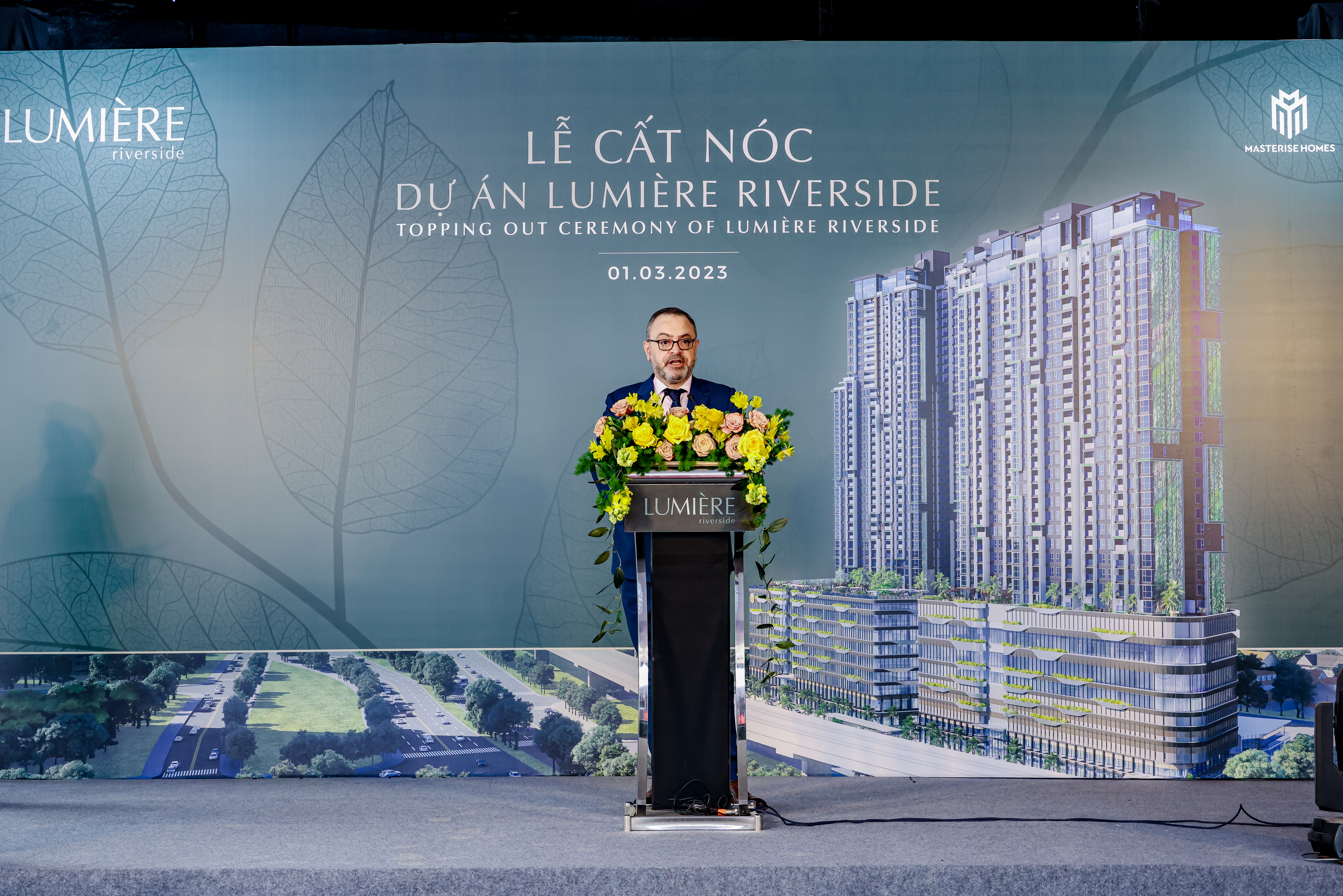 &Ocirc;ng Mahdi Samhouri - Ph&oacute; Gi&aacute;m đốc Khối Ph&aacute;t triển dự &aacute;n ki&ecirc;m Ph&oacute; Gi&aacute;m đốc Khối Thiết kế Masterise Homes ph&aacute;t biểu ch&agrave;o mừng tại lễ cất n&oacute;c.