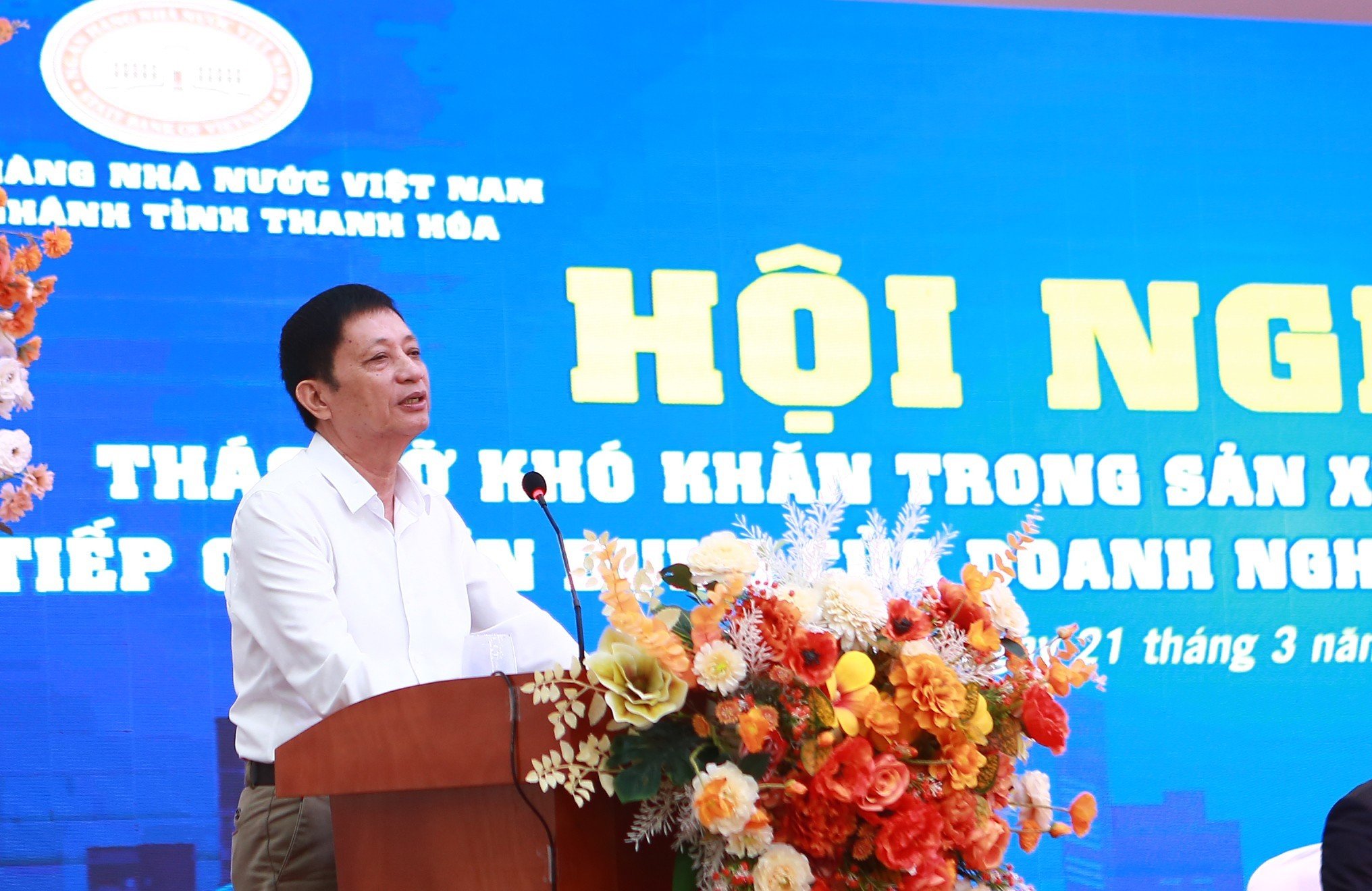 &Ocirc;ng Trịnh Xu&acirc;n L&acirc;m, Chủ tịch Hiệp hội dệt may Thanh H&oacute;a ph&aacute;t biểu tại Hội nghị