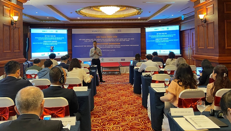 Hội thảo &ldquo;Tham vấn về Kết quả đ&aacute;nh gi&aacute; t&aacute;c động của cơ chế điều chỉnh bi&ecirc;n giới carbon của Li&ecirc;n minh ch&acirc;u &Acirc;u v&agrave; khuyến nghị đối với Việt Nam&rdquo;.
