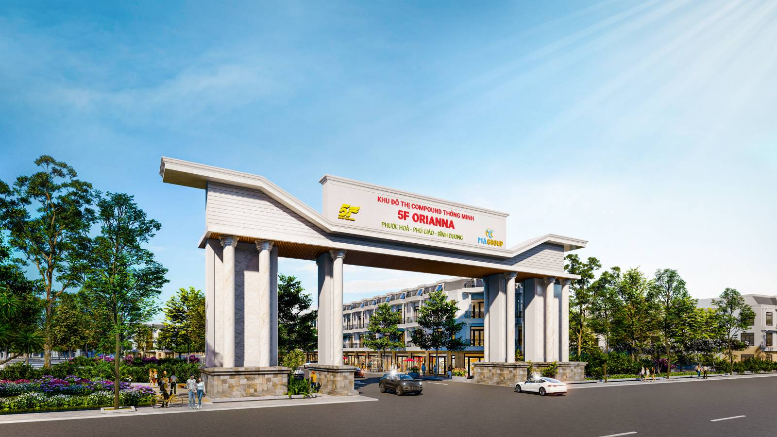 Phối cảnh cổng ch&iacute;nh ho&agrave;nh tr&aacute;ng v&agrave;o khu compound 5F Orianna.