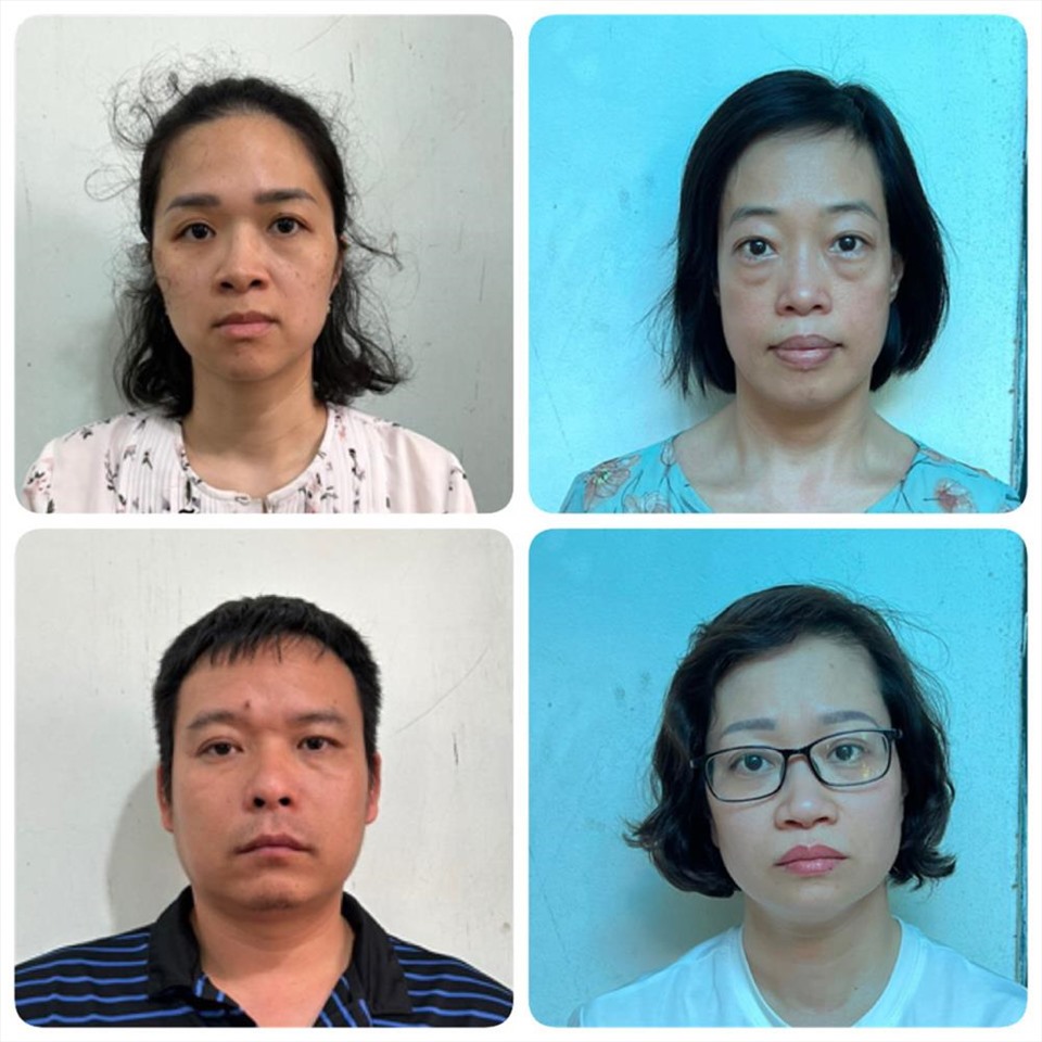 C&aacute;c bị can (từ tr&aacute;i sang phải, từ tr&ecirc;n xuống dưới): Nguyễn Nhật Linh, Đỗ Thị Hoa, Nguyễn Qu&yacute; Kh&aacute;i, B&ugrave;i Thị Mai Hương. Ảnh: Bộ C&ocirc;ng an.