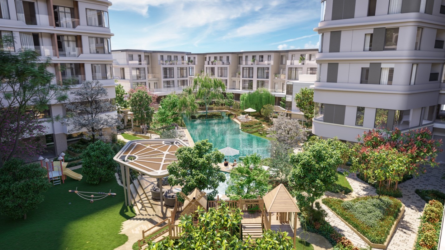 Khu sân vườn nội bộ được bao bọc bởi bãi cỏ xanh mướt, cùng cây cao mang màu sắc nhiệt đới mang cảm giác như “ốc đảo bình yên”.