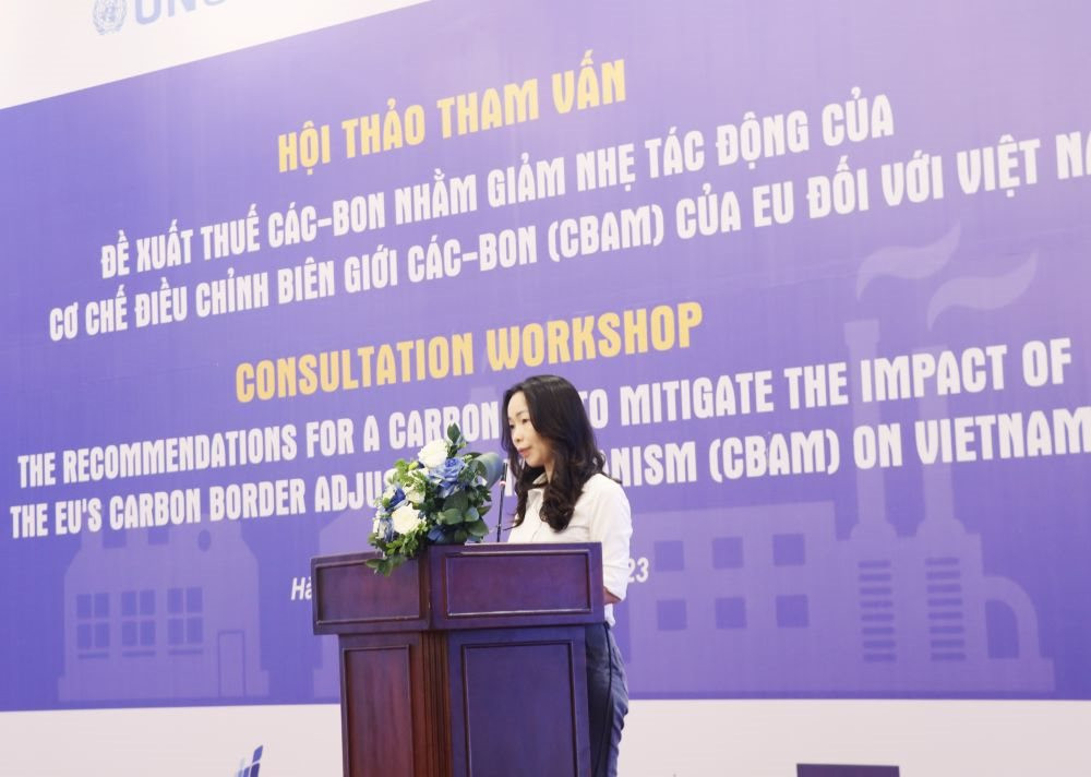 B&agrave; Mai Kim Li&ecirc;n, Ph&oacute; Cục trưởng Cục Biến đổi kh&iacute; hậu (Bộ T&agrave;i nguy&ecirc;n v&agrave; M&ocirc;i trường) ph&aacute;t biểu tại hội thảo.