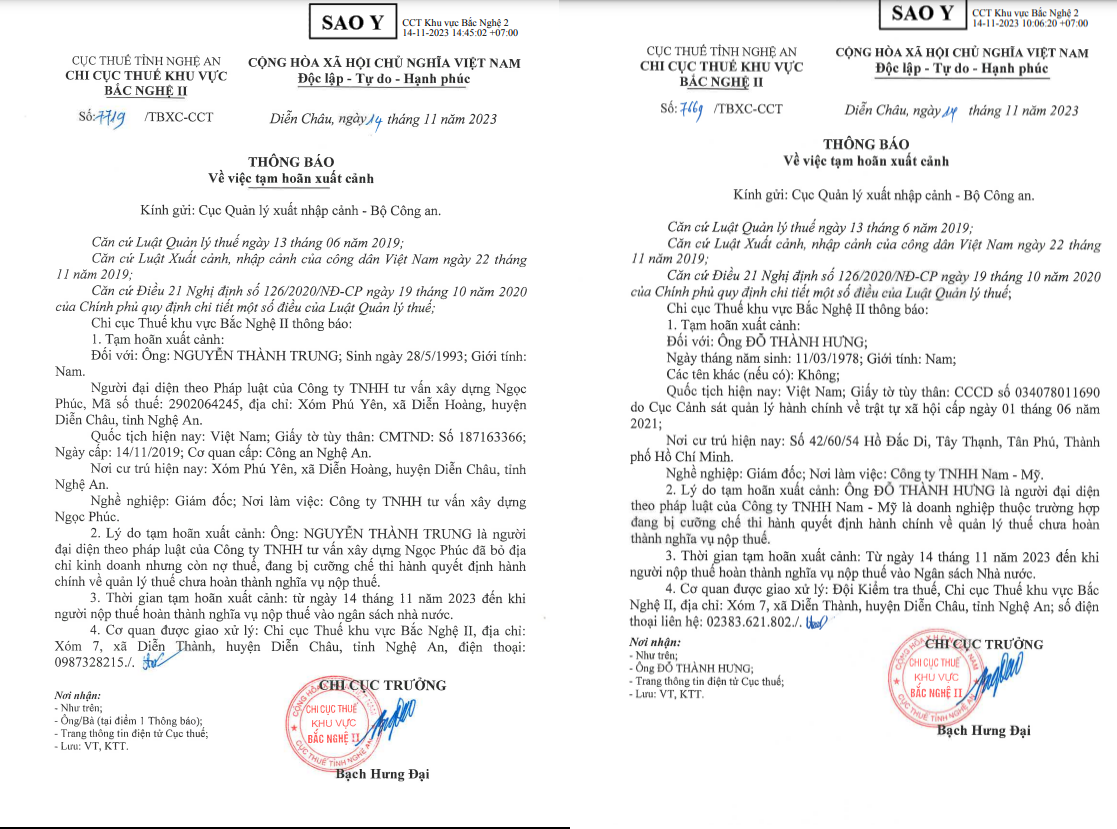 C&aacute;c th&ocirc;ng b&aacute;o tạm ho&atilde;n xuất đối với đại diện ph&aacute;p của PG88 Link Dễ Nhớ Pg88.com nợ thuế của&nbsp;Chi Cục thuế Bắc Nghệ An khu vực II