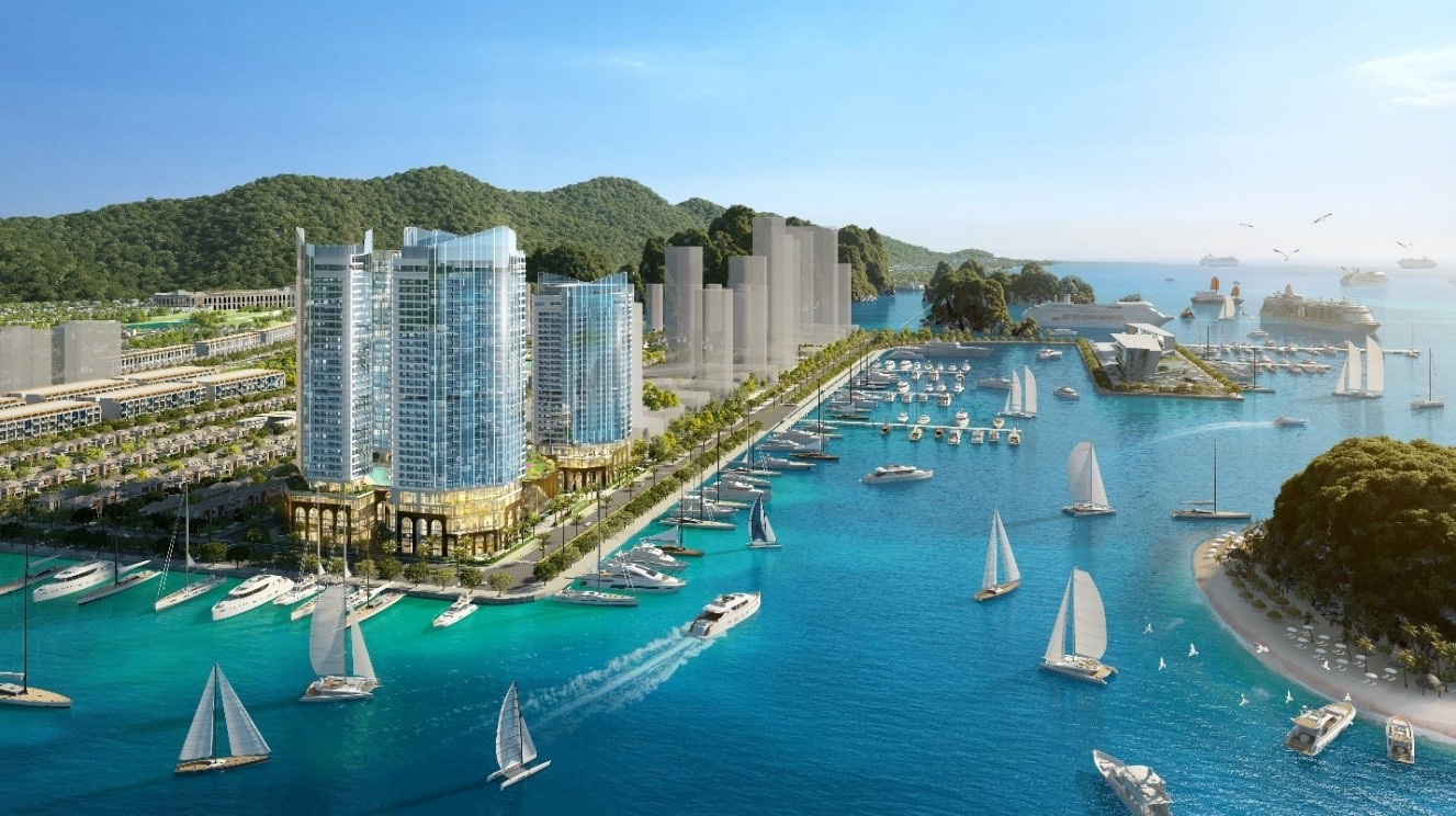 Crystal Holidays Harbour V&acirc;n Đồn g&acirc;y ấn tượng với vị tr&iacute; t&acirc;m điểm thương cảng, 2 mặt s&aacute;t vịnh B&aacute;i Tử Long.