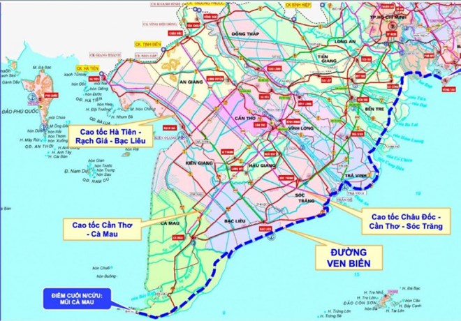 Tuyến đường bộ ven biển nối Tiền Giang - Bến Tre - Trà Vinh trong toàn tuyến hành lang ven biển miền Tây Nam Bộ. Nguồn: Sở GTVT TP.HCM.