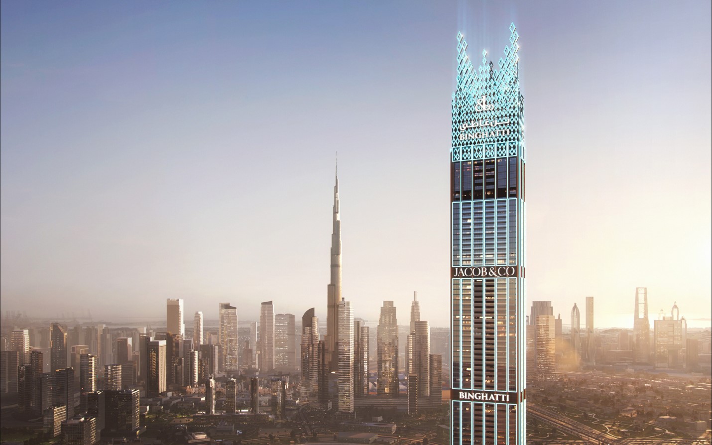 Th&aacute;p vương miện Burj Binghatti Jacob & Co Residences tại trung t&acirc;m Dubai sở hữu chiều cao nổi bật v&agrave; vẻ đẹp ấn tượng.