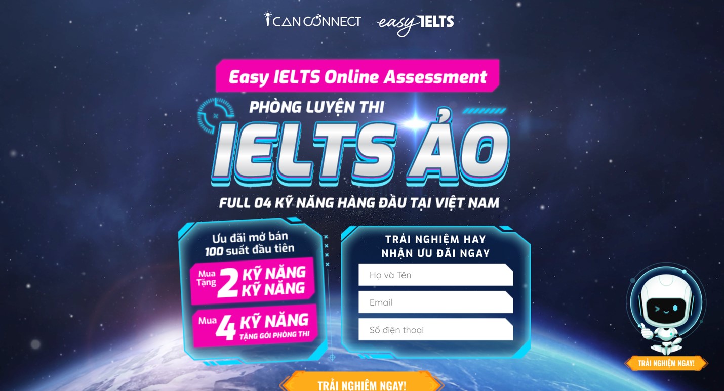 Hệ thống ph&ograve;ng luyện thi IELTS ảo ứng dụng c&ocirc;ng nghệ AI của thương hiệu ICANCONNECT thuộc Galaxy Education gi&uacute;p c&aacute;c học vi&ecirc;n luyện thi IELTS thử như thi thật.