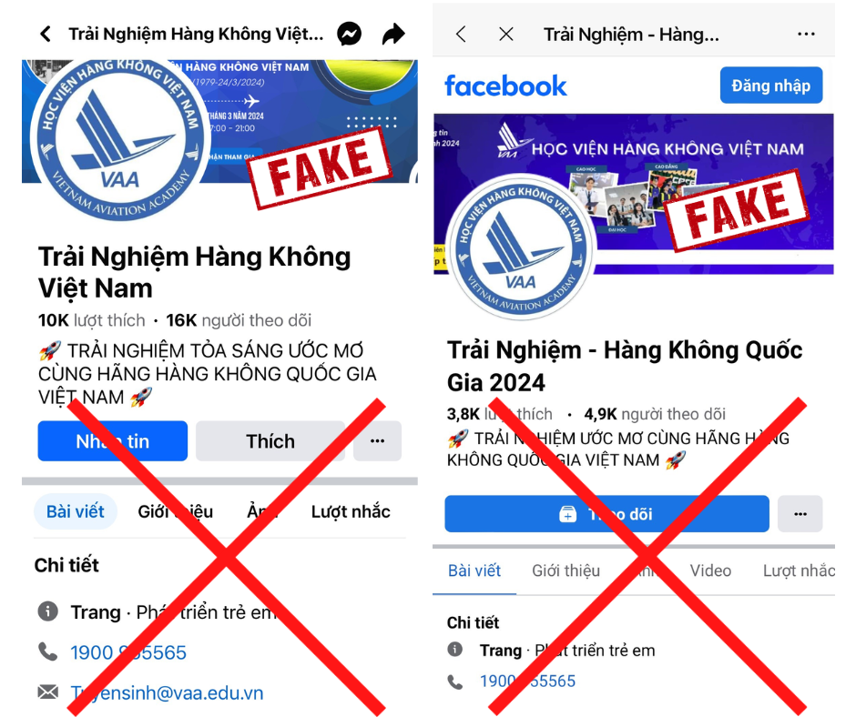 Nhiều fanpage đang mạo danh Học viện H&agrave;ng kh&ocirc;ng Việt Nam.
