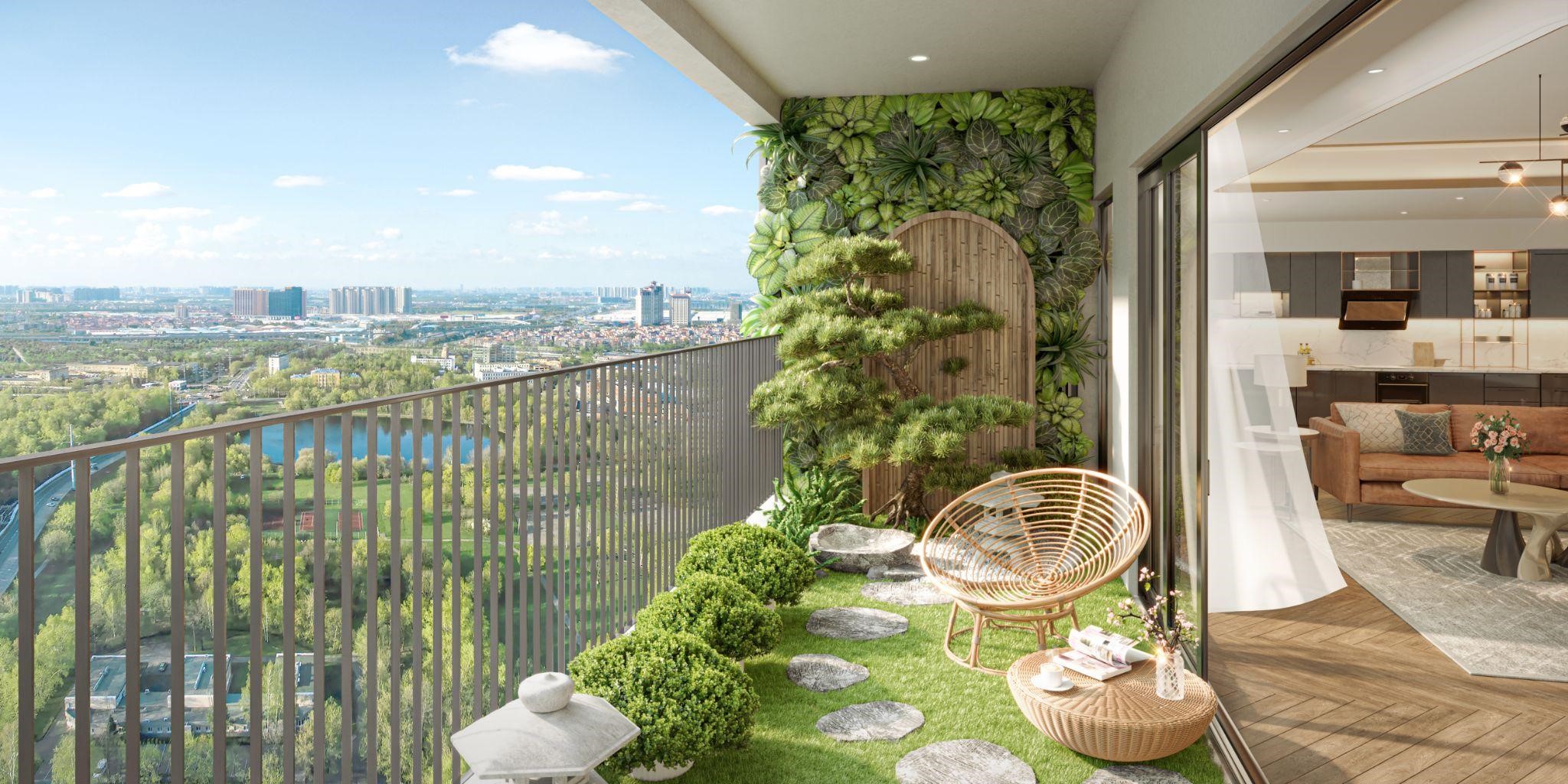 Ban c&ocirc;ng tại căn hộ The Wisteria tr&agrave;n ngập m&agrave;u xanh thi&ecirc;n nhi&ecirc;n.