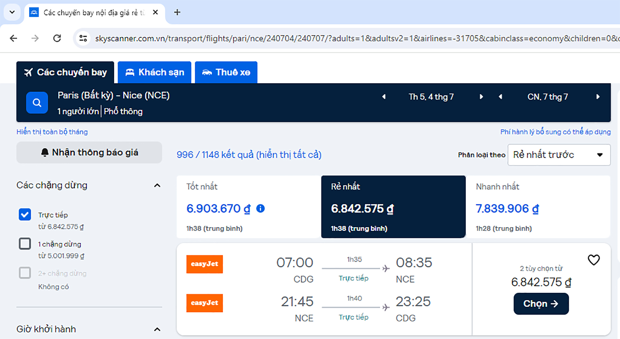 V&eacute; chặng bay Paris - Nice (nội địa Ph&aacute;p) c&oacute; gi&aacute; từ 6,8 - 7,8 triệu đồng, cao hơn nhiều so với gi&aacute; v&eacute; chặng nội địa tương đương của Việt Nam l&agrave; H&agrave; Nội - Đ&agrave; Nẵng.