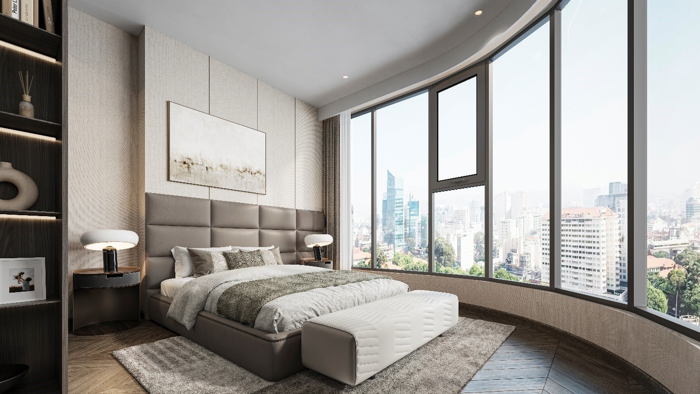 Căn hộ tại t&ograve;a The Atmos - LUMI&Egrave;RE Evergreen sử dụng k&iacute;nh Low-E v&ograve;ng cung tr&agrave;n viền mang đến tầm view panorama độc đ&aacute;o. (Ảnh phối cảnh dự &aacute;n).