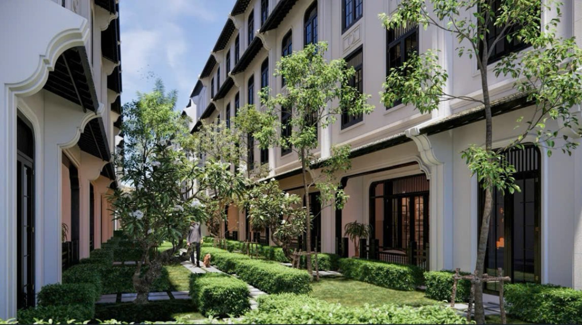 Ý tưởng phối cảnh trang trí cây xanh Mặt sau các dãy nhà liền kề của The Heritage Tân Thanh. Ngoài khoảng lùi rộng, giúp các dãy liền kề vừa đáp ứng tiêu chính thuận tiện PG88 Uy Tín Số 1 Việt Nam, vừa đảm bảo những khoảng xanh thư giãn cho cư dân.