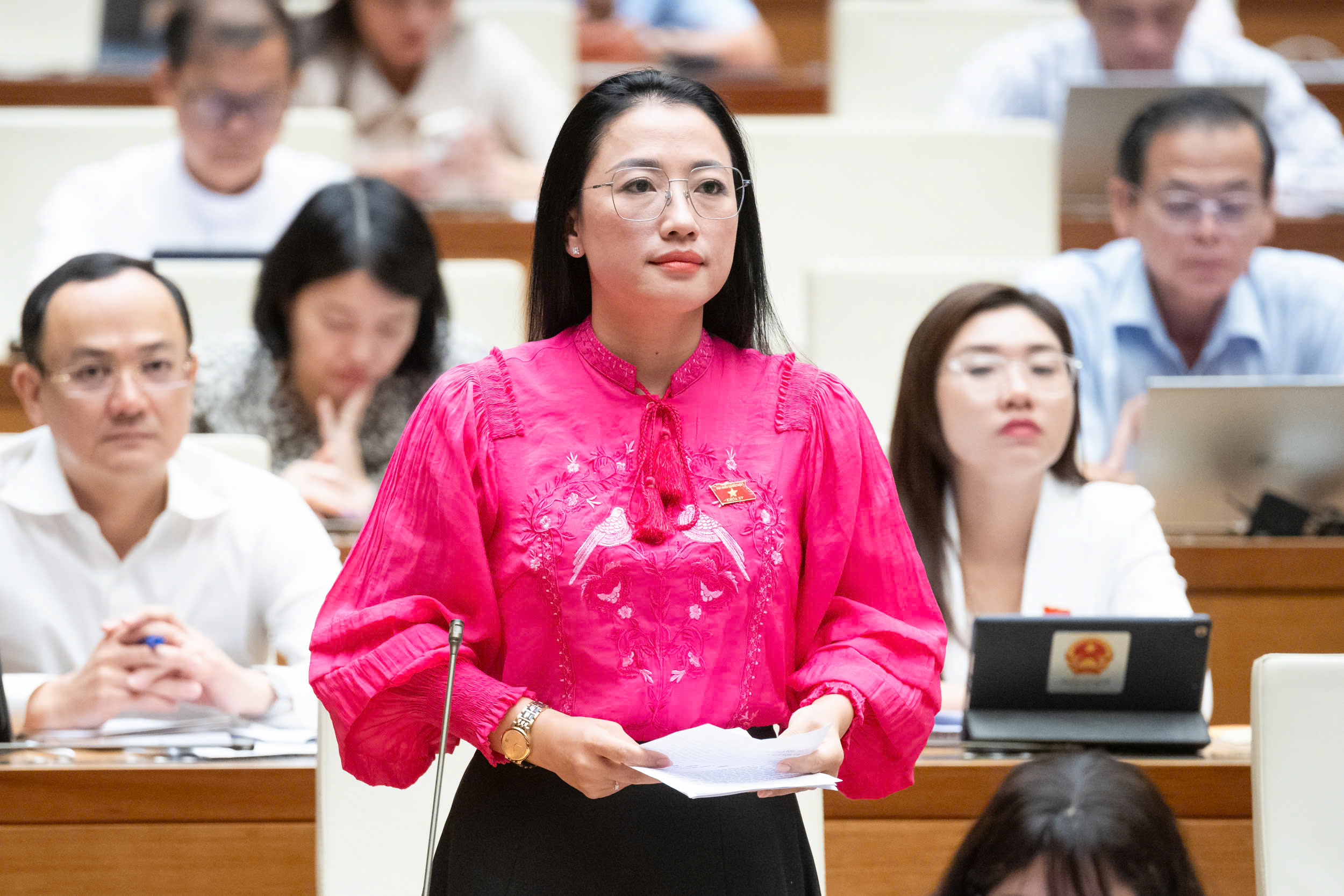 Đại biểu Trần Kh&aacute;nh Thu, đo&agrave;n Th&aacute;i B&igrave;nh, ph&aacute;t biểu tại hội trường.