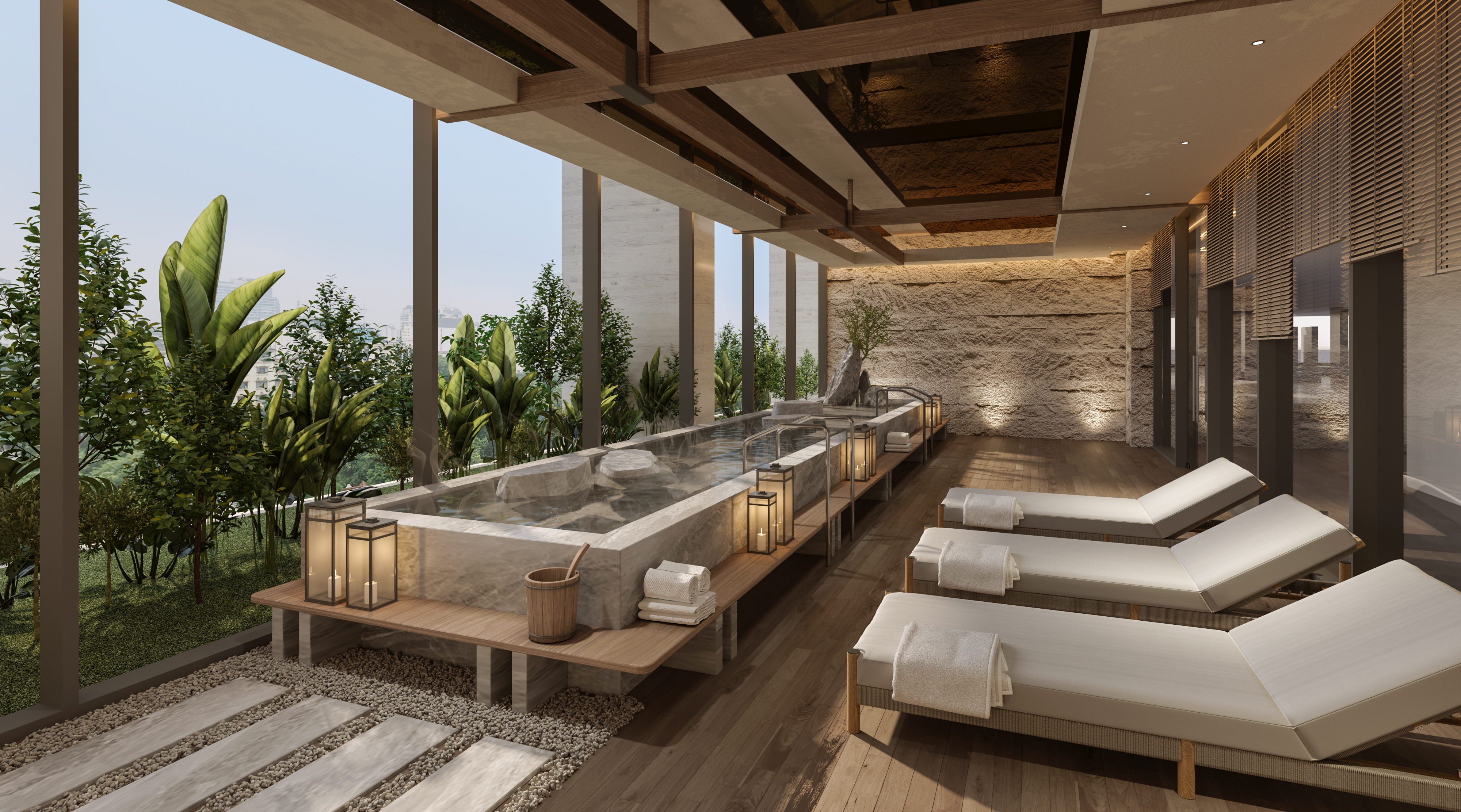Kho&aacute;ng n&oacute;ng onsen l&agrave; tiện &iacute;ch nổi bật được Ph&uacute; Long trang bị cho cư d&acirc;n Essensia Sky.