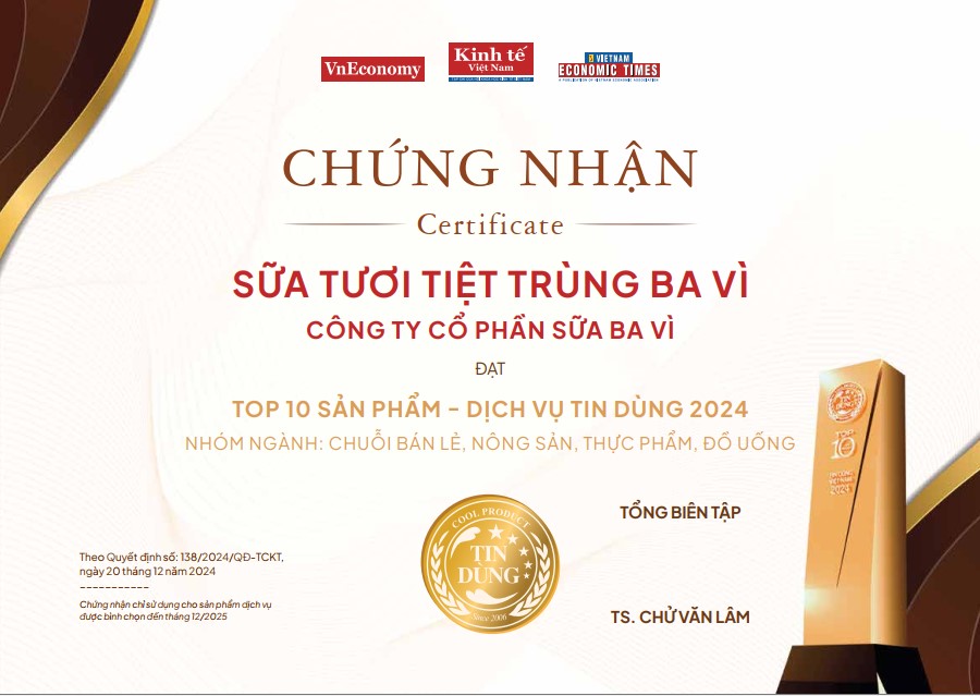 Chứng nhận Top 10 Sản phẩm - Dịch vụ Tin d&ugrave;ng 2024 nh&oacute;m ng&agrave;nh: Chuỗi b&aacute;n lẻ, n&ocirc;ng sản, thực phẩm, đồ uống.