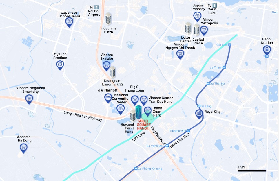 Sơ đồ vị tr&iacute; t&ograve;a nh&agrave; giữa c&aacute;c khu vực trung t&acirc;m. Ảnh: Taisei Square Hanoi.