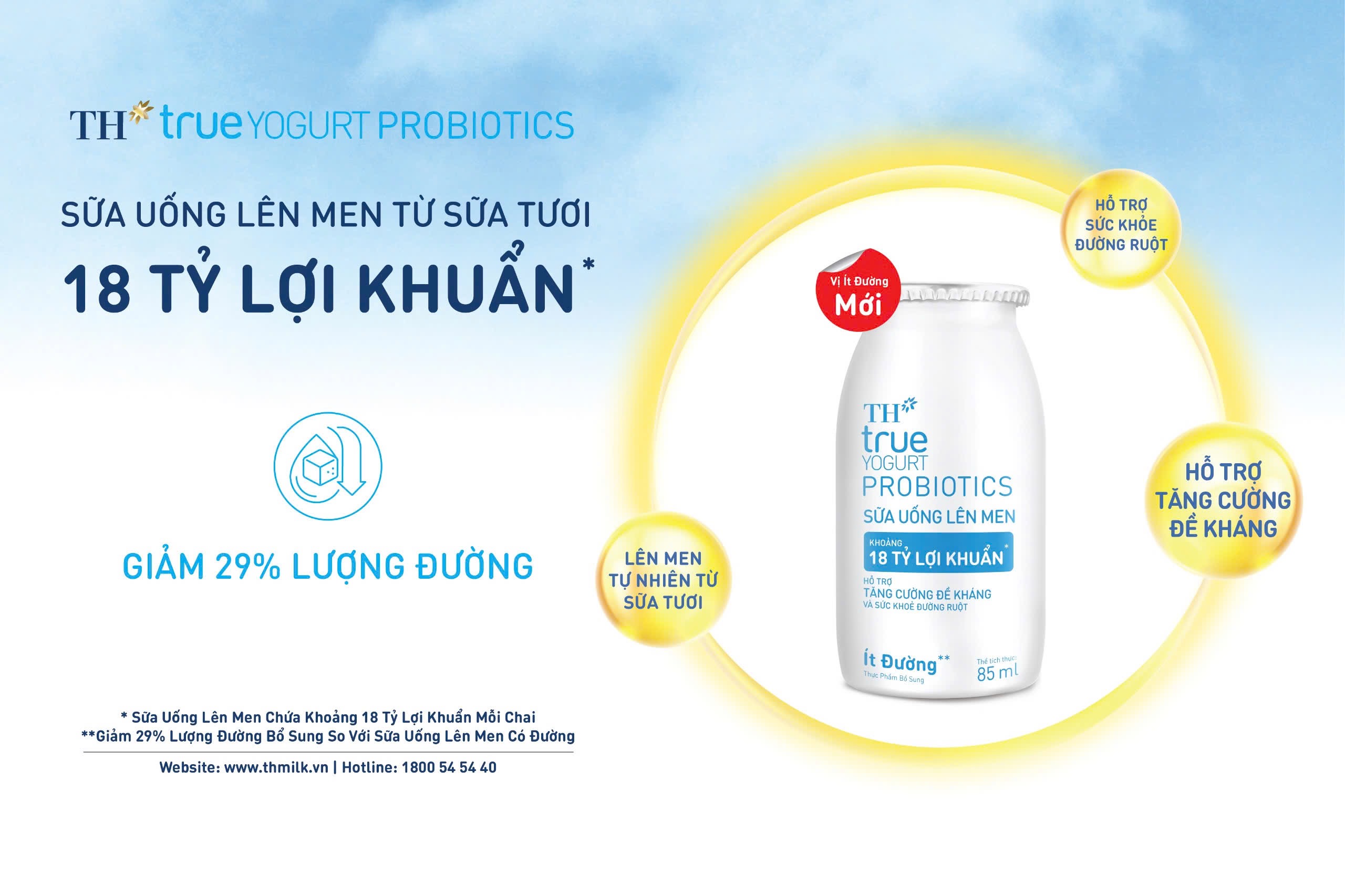 Sữa uống lên men TH true YOGURT PROBIOTICS 18 tỷ lợi khuẩn ra mắt phiên bản ít đường