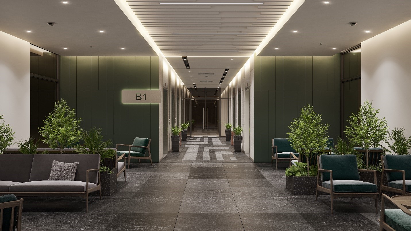 Sảnh đ&oacute;n tầng hầm Sky Retreat với 9 thang m&aacute;y.