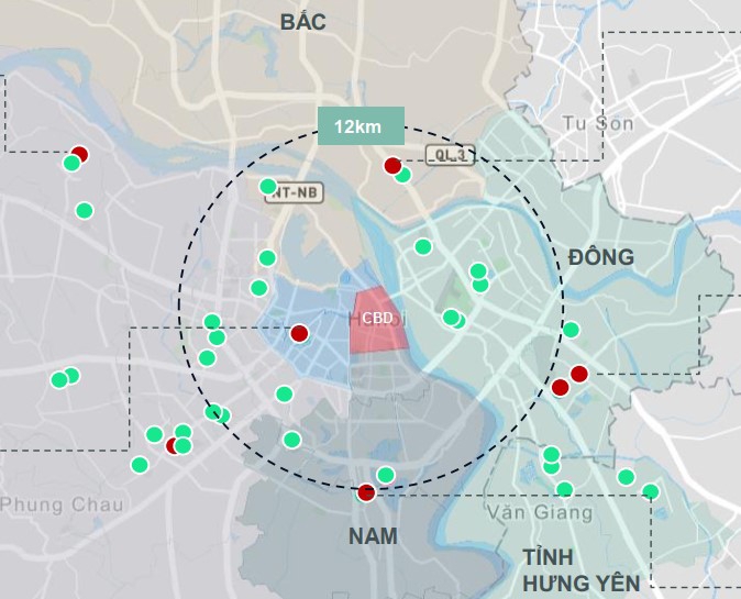 Theo nghi&ecirc;n cứu CBRE v&ecirc;̀ bất động sản nhà ở Hà N&ocirc;̣i qu&yacute; 1/2025 và dự đoán cho qu&yacute; 2/2025, ngu&ocirc;̀n cung mới phía Nam cải thi&ecirc;̣n chưa đáng k&ecirc;̉ (Màu đỏ: ngu&ocirc;̀n cung mới qu&yacute; 1, màu xanh: ngu&ocirc;̀n cung mới dự ki&ecirc;́n qu&yacute; 2).