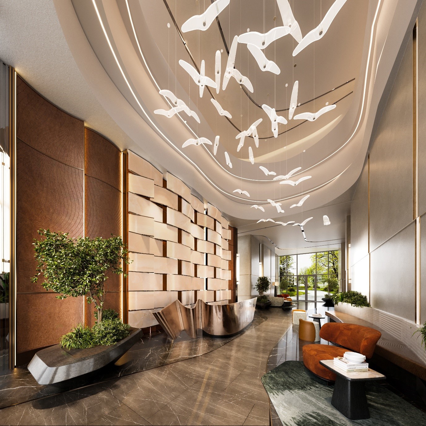 Phối cảnh kh&ocirc;ng gian sảnh chờ thiết kế theo phong c&aacute;ch Quiet Luxury của th&aacute;p Orion.