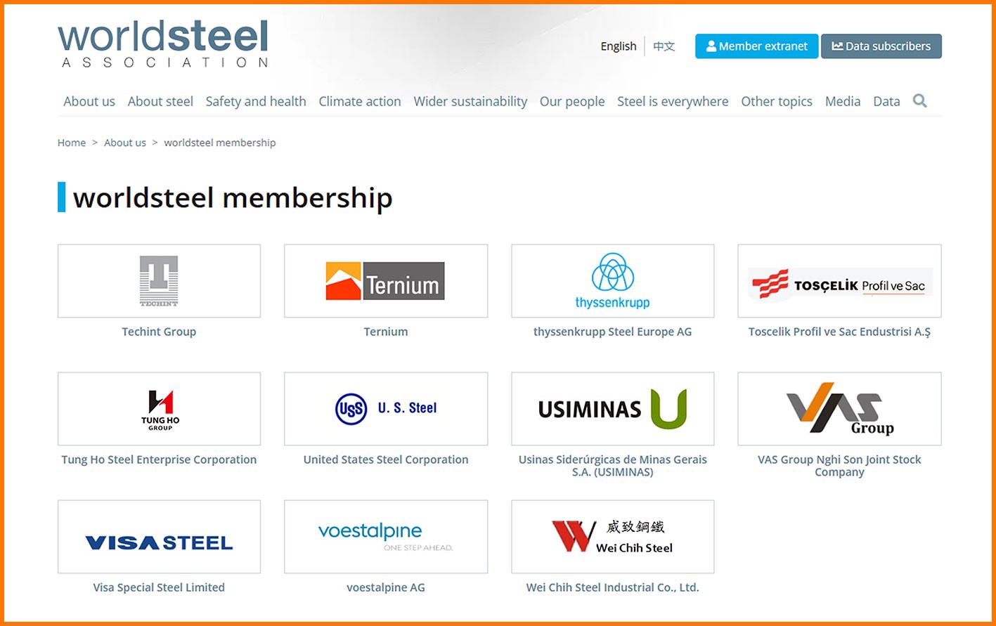 Tập Đo&agrave;n VAS l&agrave; th&agrave;nh vi&ecirc;n ch&iacute;nh thức của Hiệp hội Th&eacute;p Thế giới (World Steel Association).