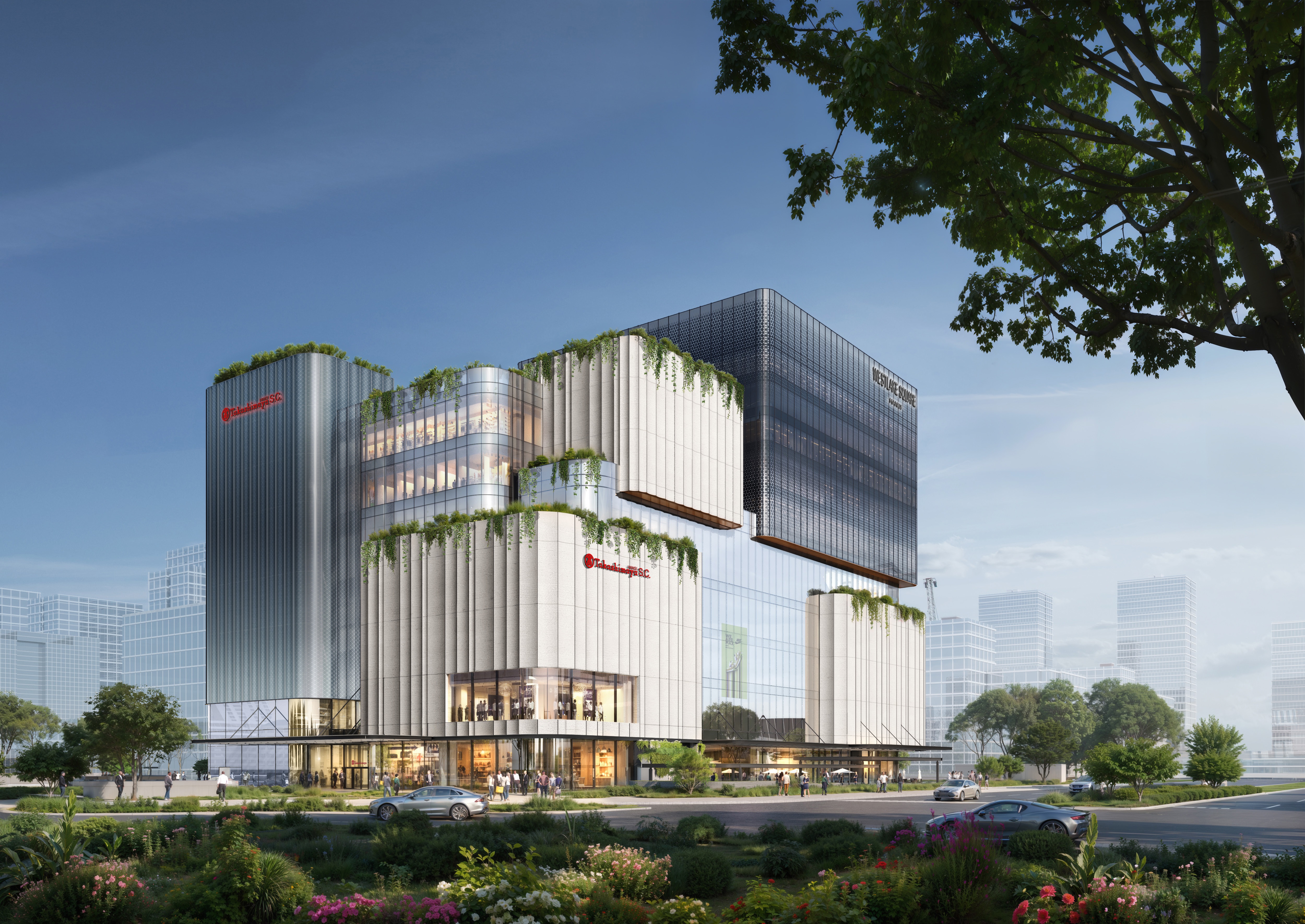 Phối cảnh mặt ngo&agrave;i tổ hợp Westlake Square Hanoi - sự kết hợp giữa kiến tr&uacute;c hiện đại v&agrave; cảnh quan đ&ocirc; thị. Nguồn: Toshin Development.