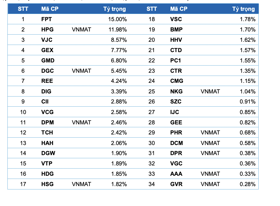 Ước tính danh mục&nbsp;Chỉ số cổ phiếu công nghiệp hiện đại và công nghệ “Vietnam Modern Industrials & Technology Index”.