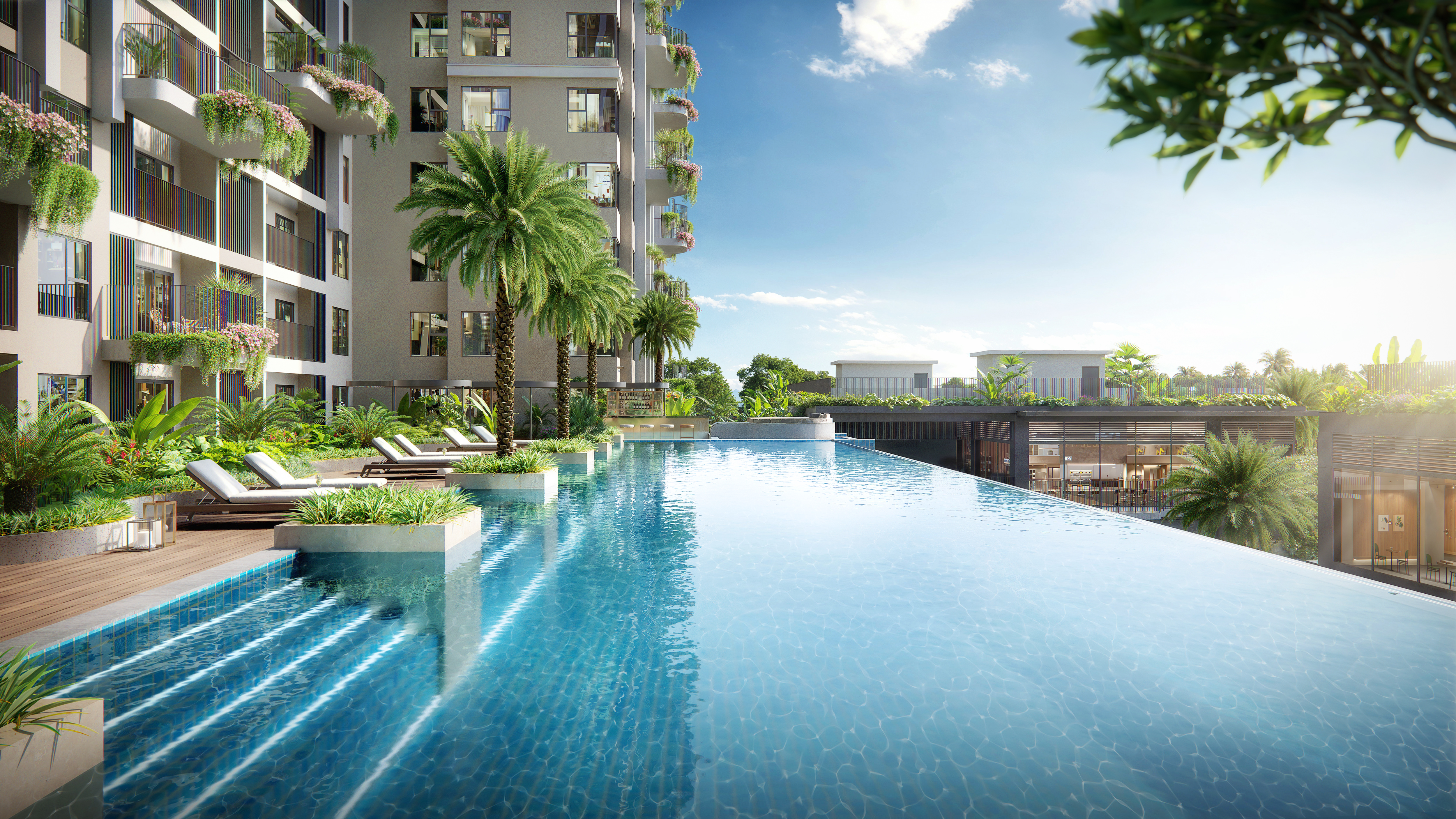 Bể bơi 4 mùa điện phân muối cách cư dân Garden villa vài bước chân.
