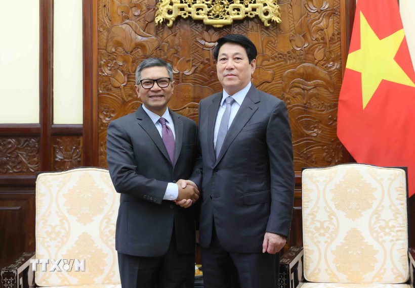 Chủ tịch nước Lương Cường tiếp Đại sứ Indonesia Denny Abdi. Ảnh: TTXVN
